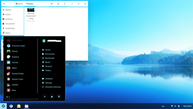 Zorin OS 12.1 menu and file manager