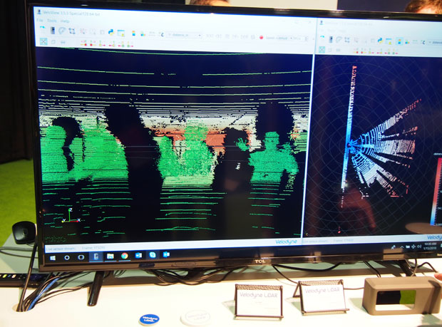 The green on this LIDAR display shows how a driverless car might distinguishhumans from the surroundings.