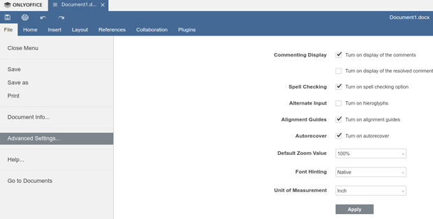 OnlyOffice File/Advanced Settings menu