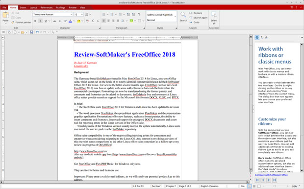 FreeOffice 2018 TextWriter ribbon interface