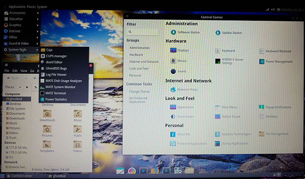 Ghost BSD's MATE default panels and an optional docking bar.
