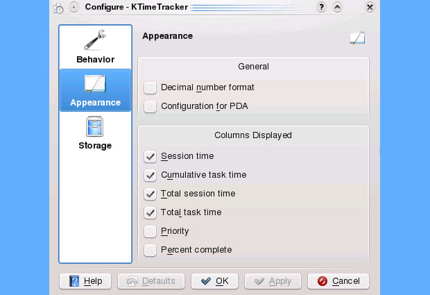 KTimeTracker settings panel