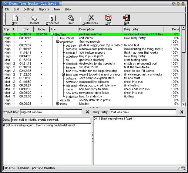 GnoTime Tracking Tool interface