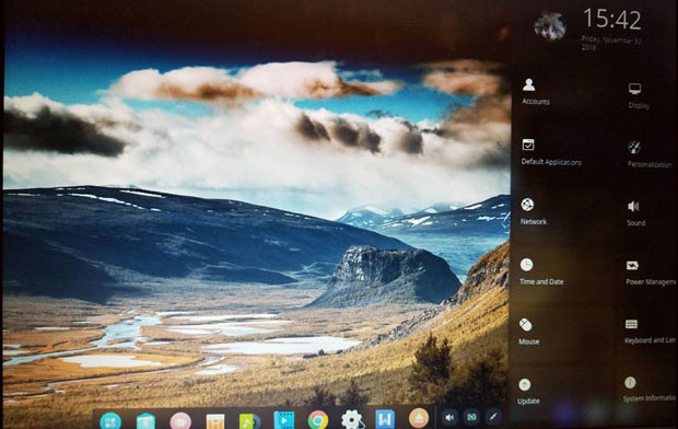 Deepin Linux 15.10 Desktop slide-out control panel and dock screenshot