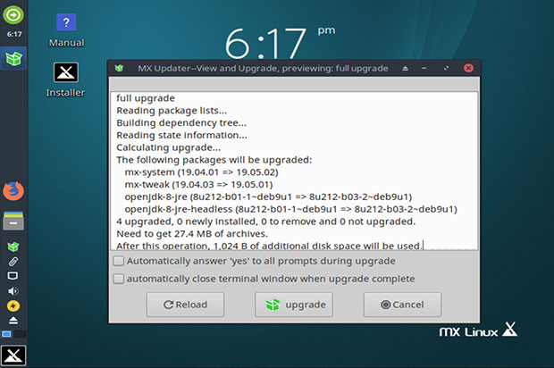 MXLinux Updater full system upgrade preview screen