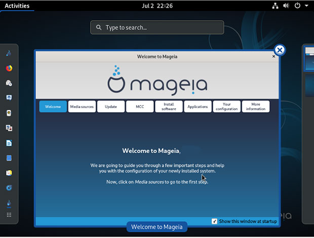 Mageia's Welcome Application, shown in the GNOME desktop edition
