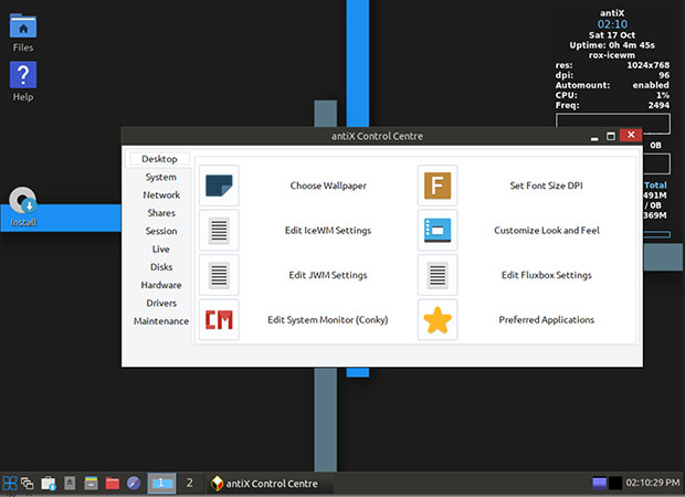antiX Linux control center and  settings panels