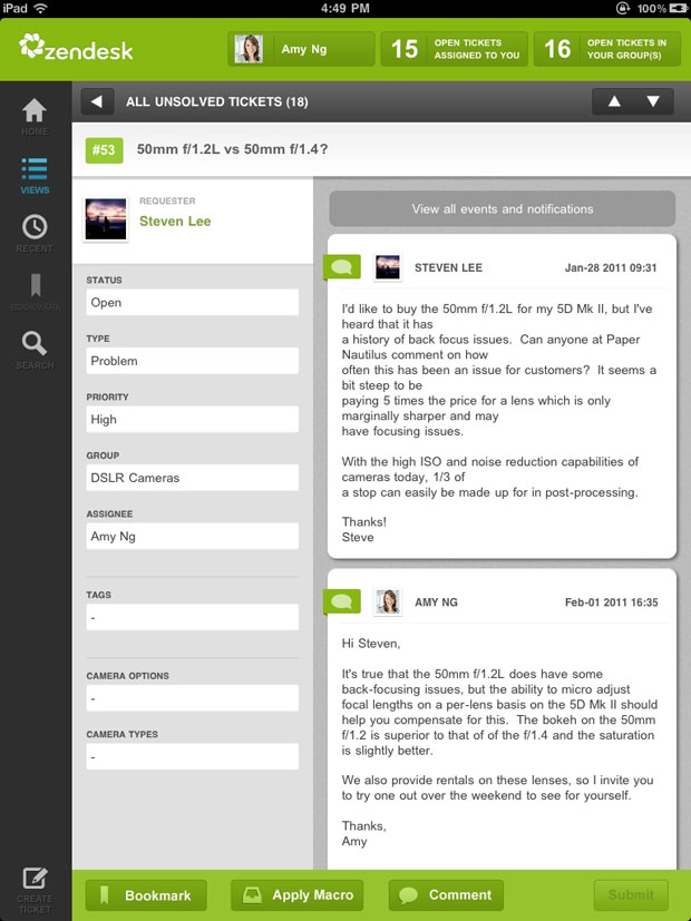 Zendesk for iPad Ticket View