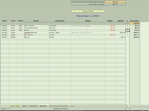 Check Register Spreadsheet template