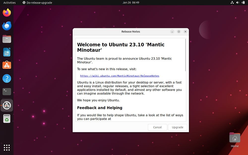 Ubuntu update to 23.10 release notes screenshot