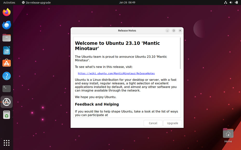Ubuntu Update to 23.10 Release Notes Screenshot