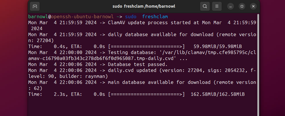 update the virus definitions database via 
sudo freshclam