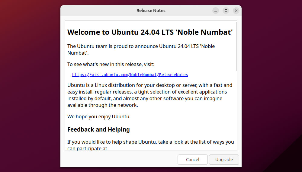 Noble Numbat Welcome screen
