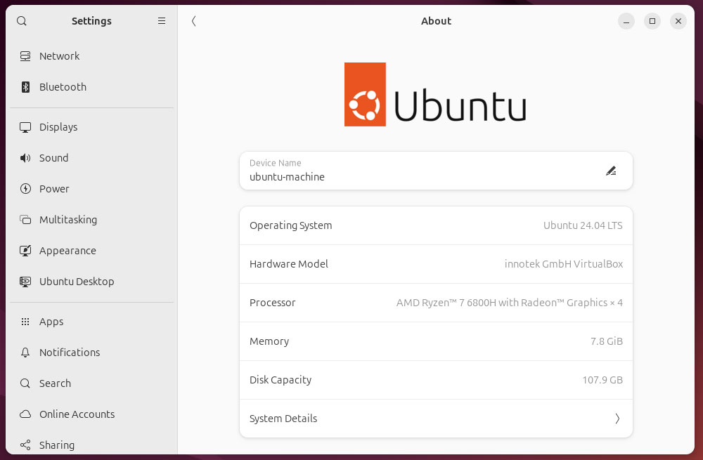 Ubuntu 24.04 LTS Noble Numbat About screen