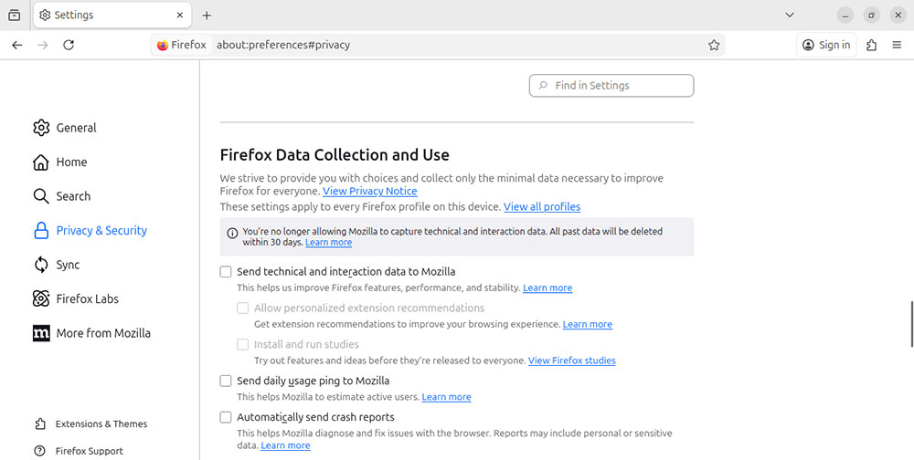 disable Firefox telemetry