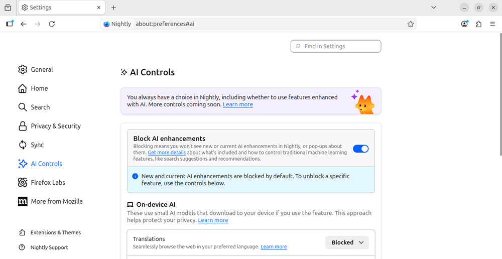 disable Firefox AI features