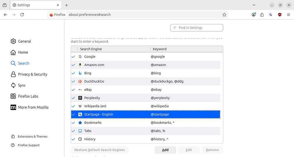 Firefox default search engine menu