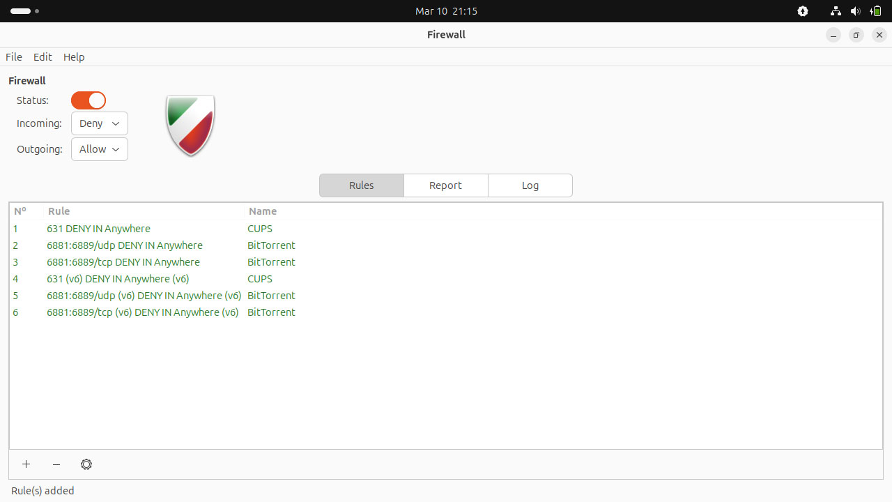 UFW firewall status displaying active rules in terminal