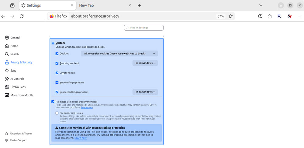 strengthen Firefox tracking protection settings