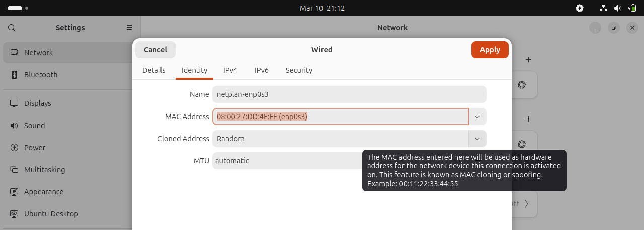 NetworkManager settings showing randomized MAC address option