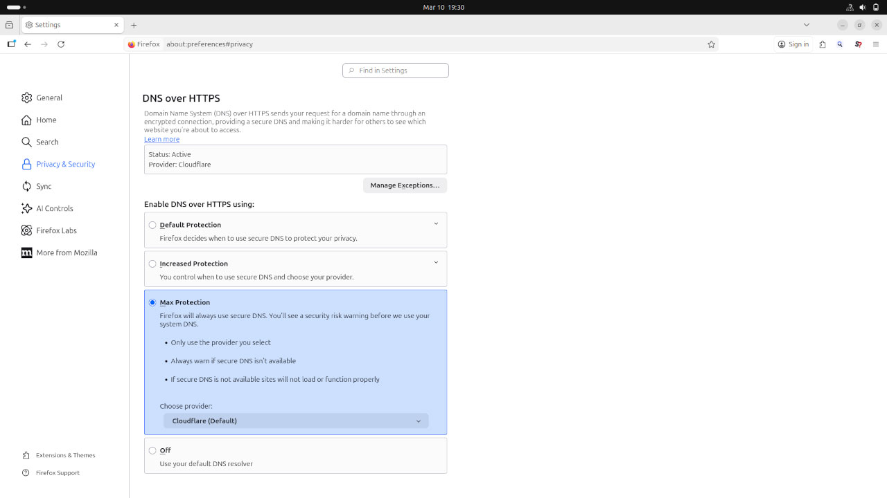 Firefox settings page with DNS over HTTPS enabled