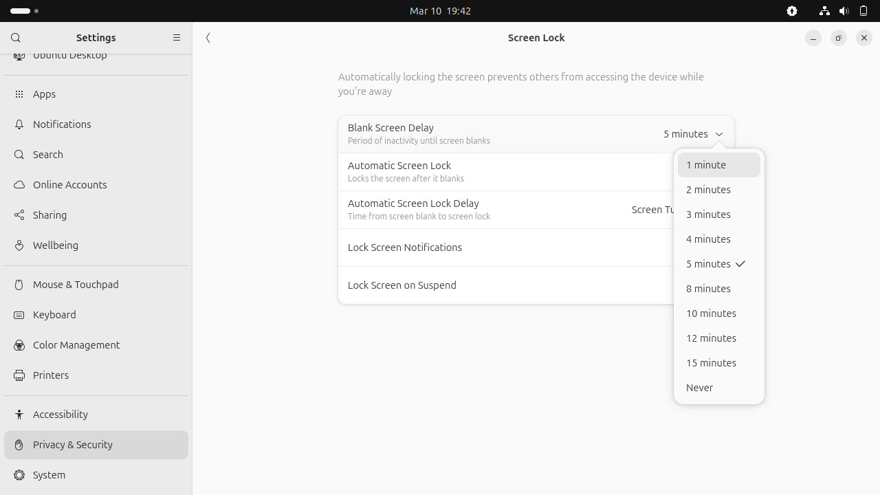Linux screen lock settings showing automatic lock configuration