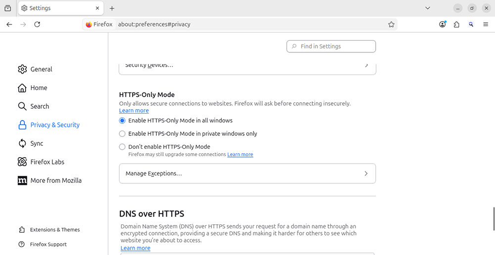Firefox HTTPS-Only Mode settings
