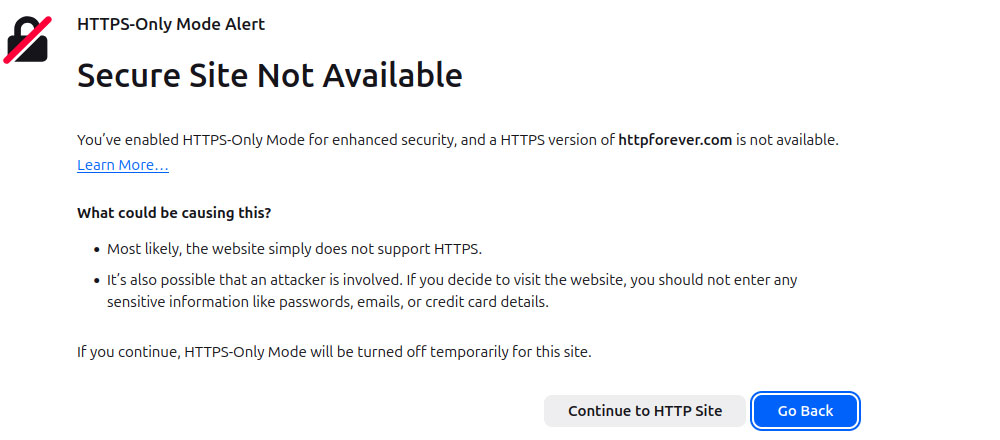 Firefox warning: secure site not available