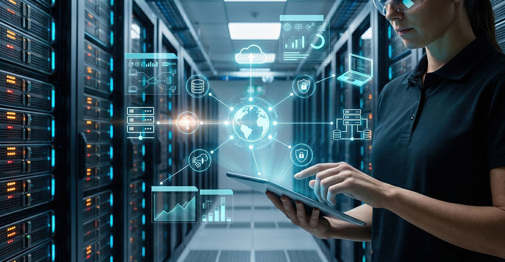 IT professional managing enterprise infrastructure with a network visualization representing trusted identity and verification for AI agents.